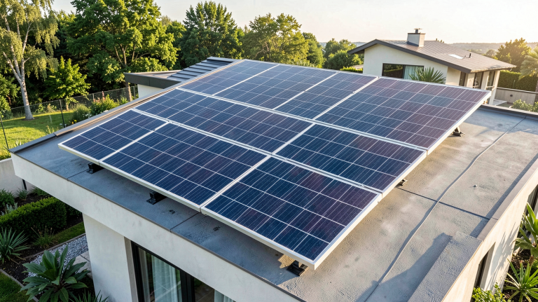 panneau photowatt installé sur le toit d'une maison écologique