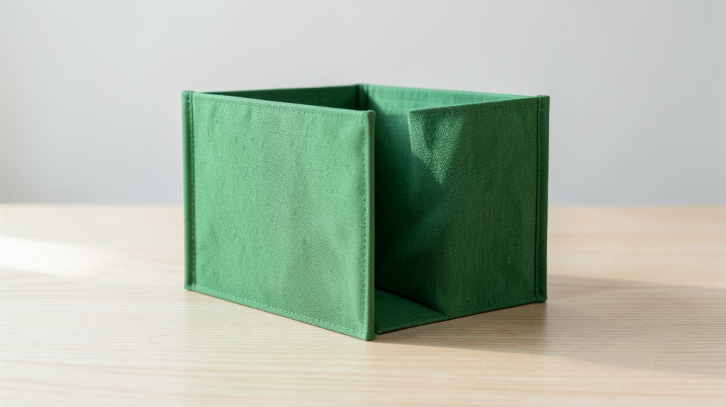 panneau pliant en tissu vert design moderne ouvert sur une surface en bois clair