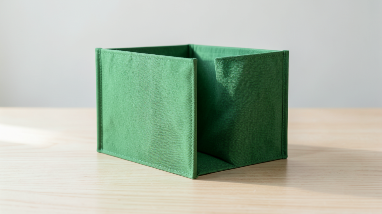 panneau pliant en tissu vert design moderne ouvert sur une surface en bois clair