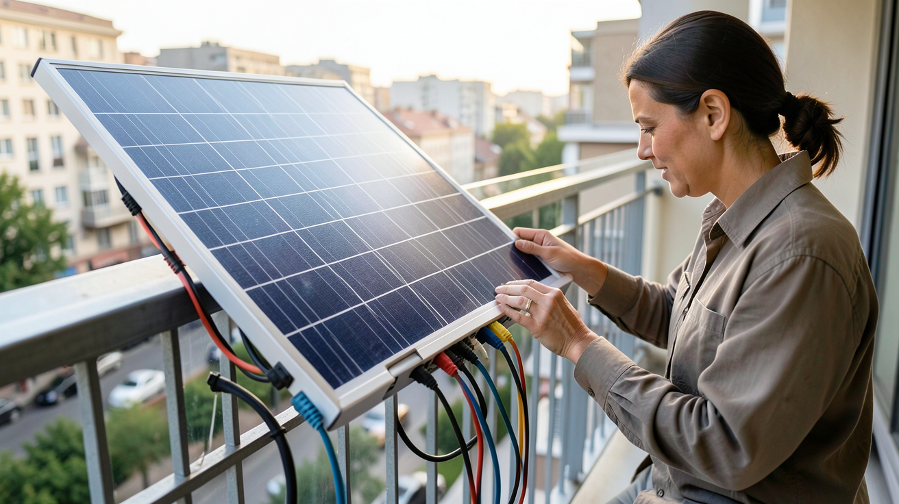 panneau pliant installation branchement utilisation quotidienne installé sur un balcon avec câbles organisés