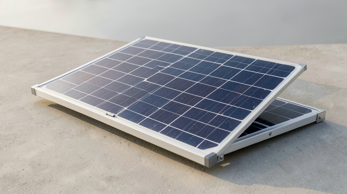 panneau pliant solaire posé sur une surface plane en extérieur, lumière naturelle du matin