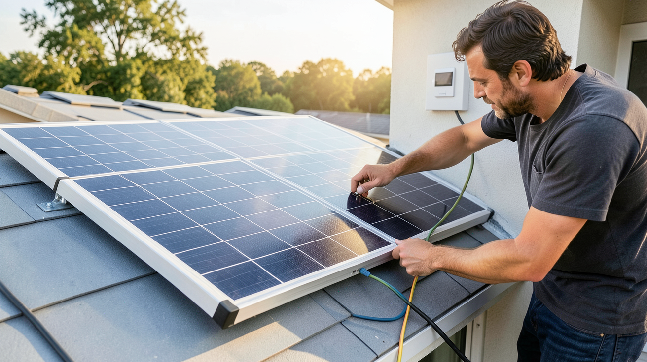 panneau plug and play en cours d'installation sur un toit résidentiel avec connexion des câbles à un boîtier électrique