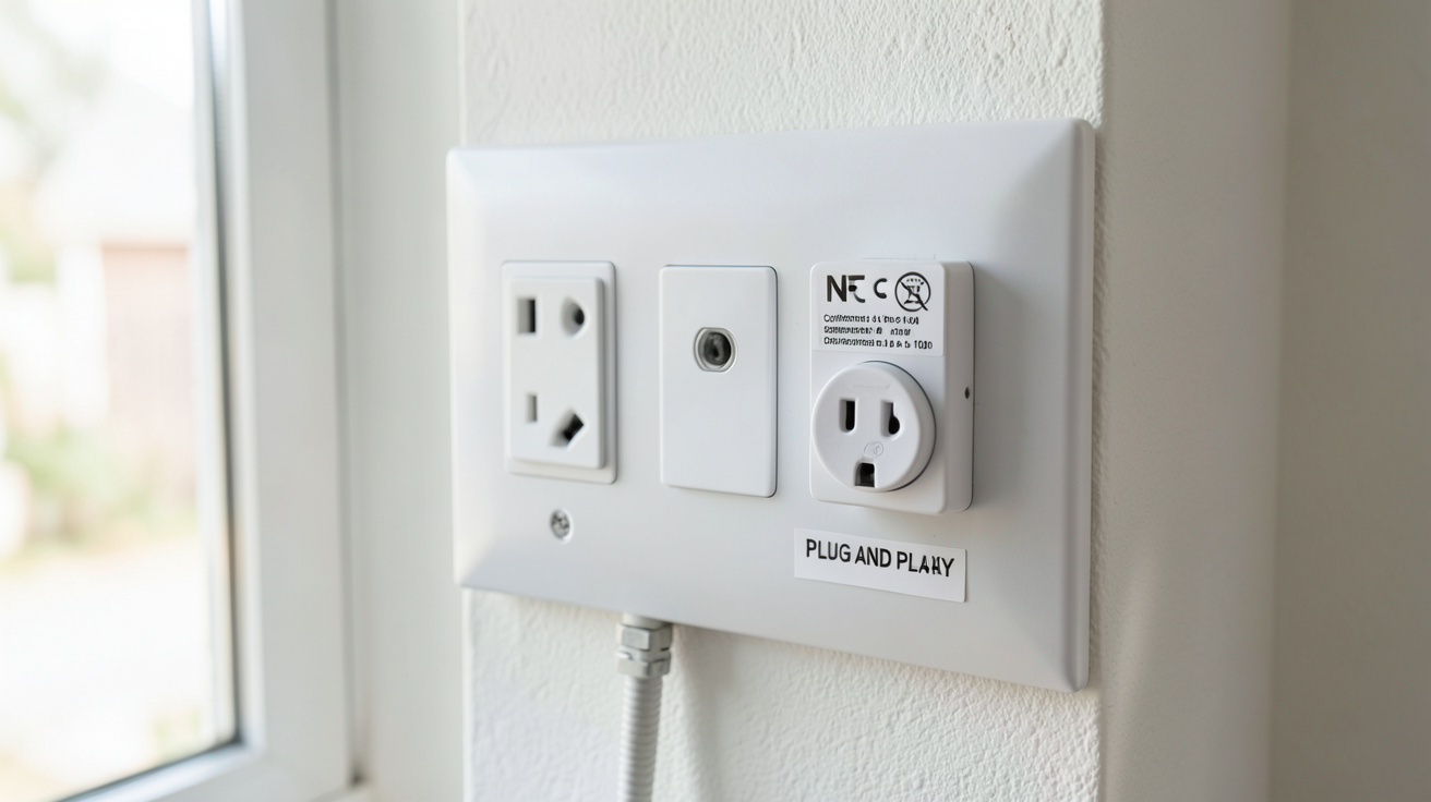 panneau plug and play installé dans un tableau électrique avec prise dédiée, disjoncteur et étiquette de conformité à la norme NF C 15-100