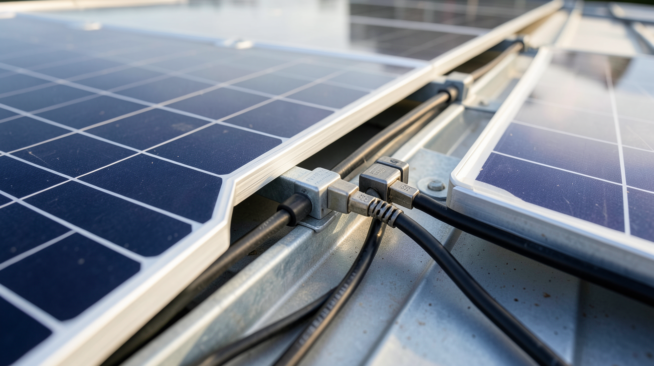 panneau polycristallin ou monocristallin montrant une composition technique avec cellules photovoltaïques et connecteurs