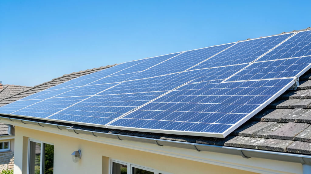 panneau polycristallin ou monocristallin installé sur un toit de maison sous un ciel bleu