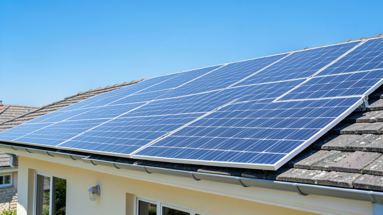 panneau polycristallin ou monocristallin installé sur un toit de maison sous un ciel bleu