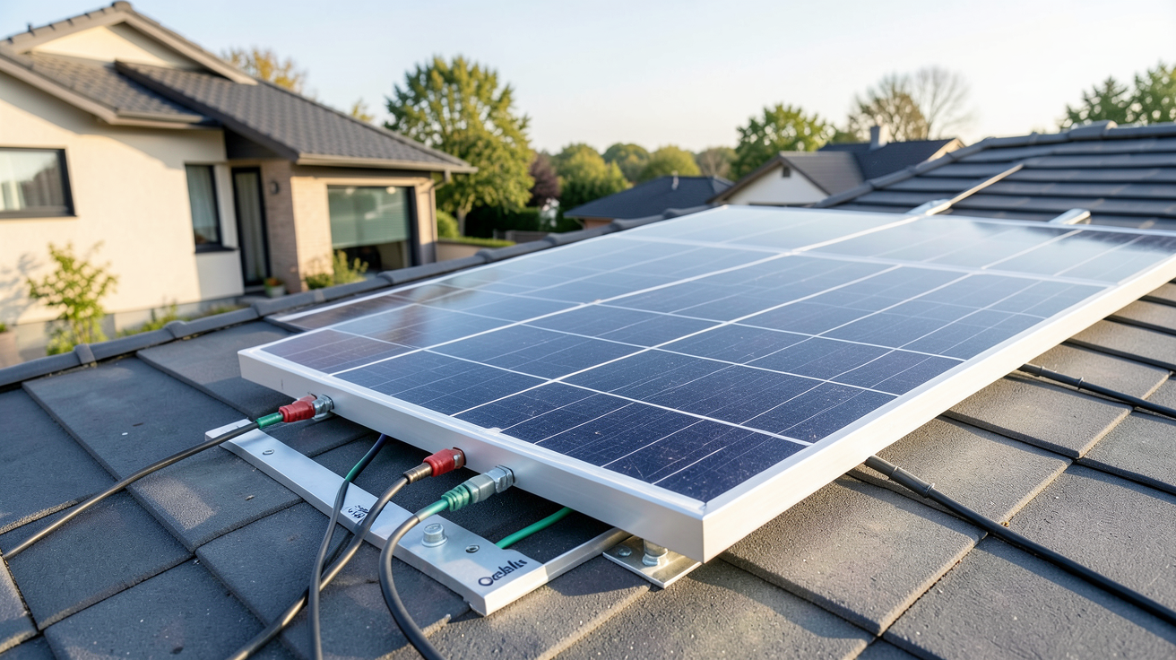 panneau Qcells 375W en cours d'installation sur un toit de maison résidentielle
