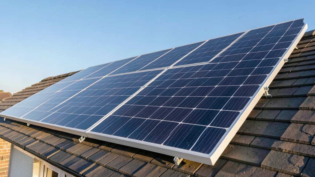 panneau Qcell 375W installé sur un toit de maison avec ciel dégagé
