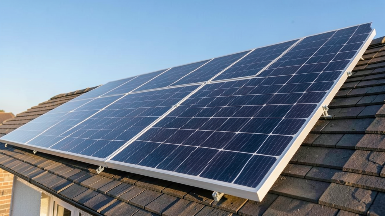 panneau Qcell 375W installé sur un toit de maison avec ciel dégagé