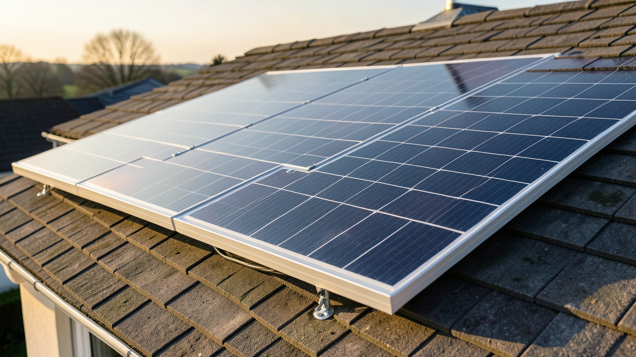 panneau Qcells 375W installé sur un toit de maison avec lumière naturelle