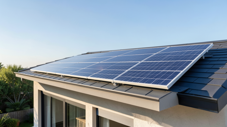 panneau Qcell installé sur le toit d'une maison contemporaine