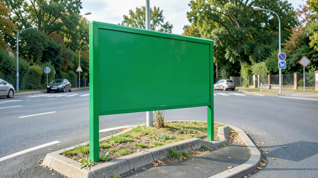 panneau scolaire vert installé au bord d'un croisement routier, lumière naturelle et détail net