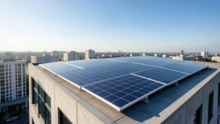 panneau solaire photovoltaïque installé sur la toiture d'un bâtiment moderne en ville