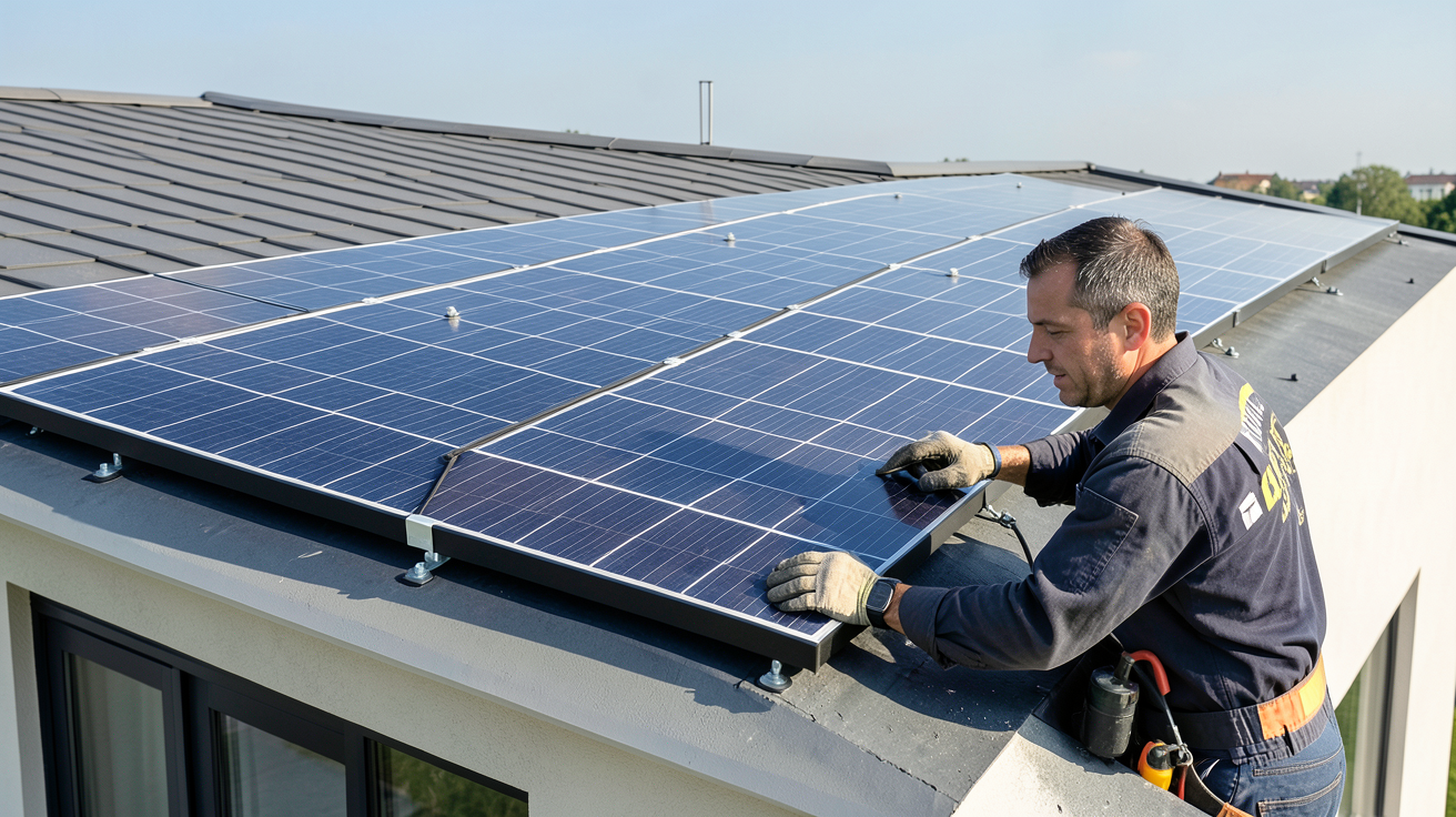 panneau sol en cours d'installation sur le toit d'une habitation moderne par un expert
