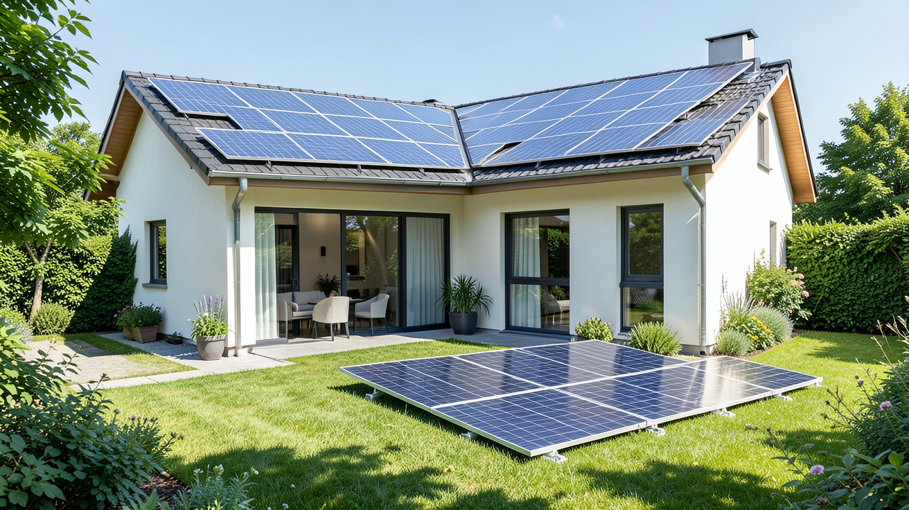 panneau sol installé sur la toiture d'une maison et une installation photovoltaïque au sol