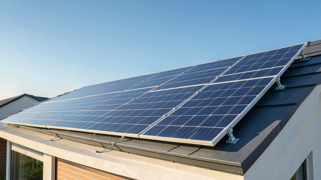 panneau sol installé sur le toit d'une maison moderne avec ciel bleu dégagé