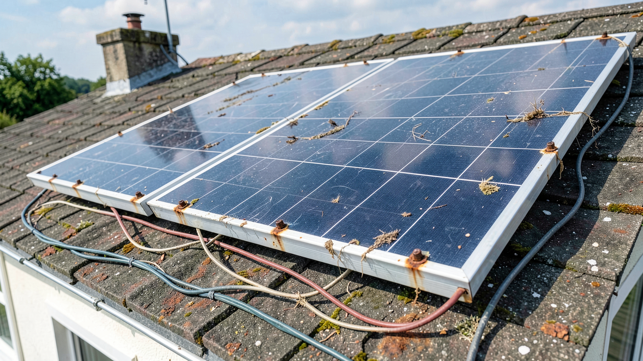 panneau solaire 1 euro illustration d'une arnaque avec panneau défectueux sur toit