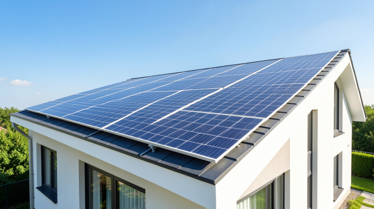 panneau solaire 1 € installé sur le toit d'une maison moderne sous le soleil