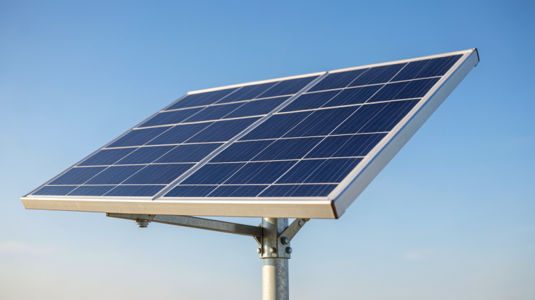 panneau solaire 100 watts installé sur un support métallique extérieur avec un ciel bleu dégagé en arrière-plan