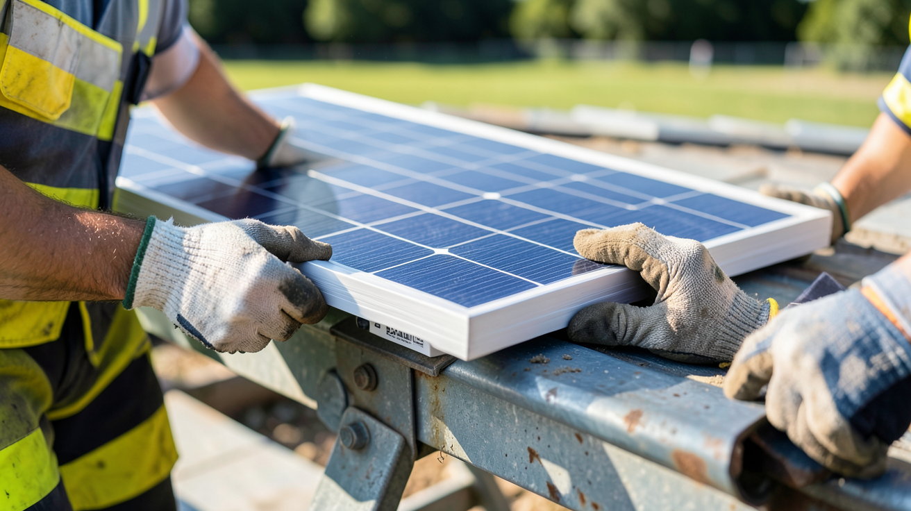 panneau solaire 1000w 220v en cours d'installation sécurisée par un expert sur une structure de toit
