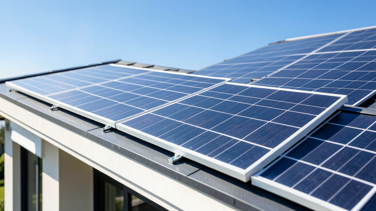 panneau solaire 1000w 220v installé sur le toit d'une maison moderne sous un soleil radieux