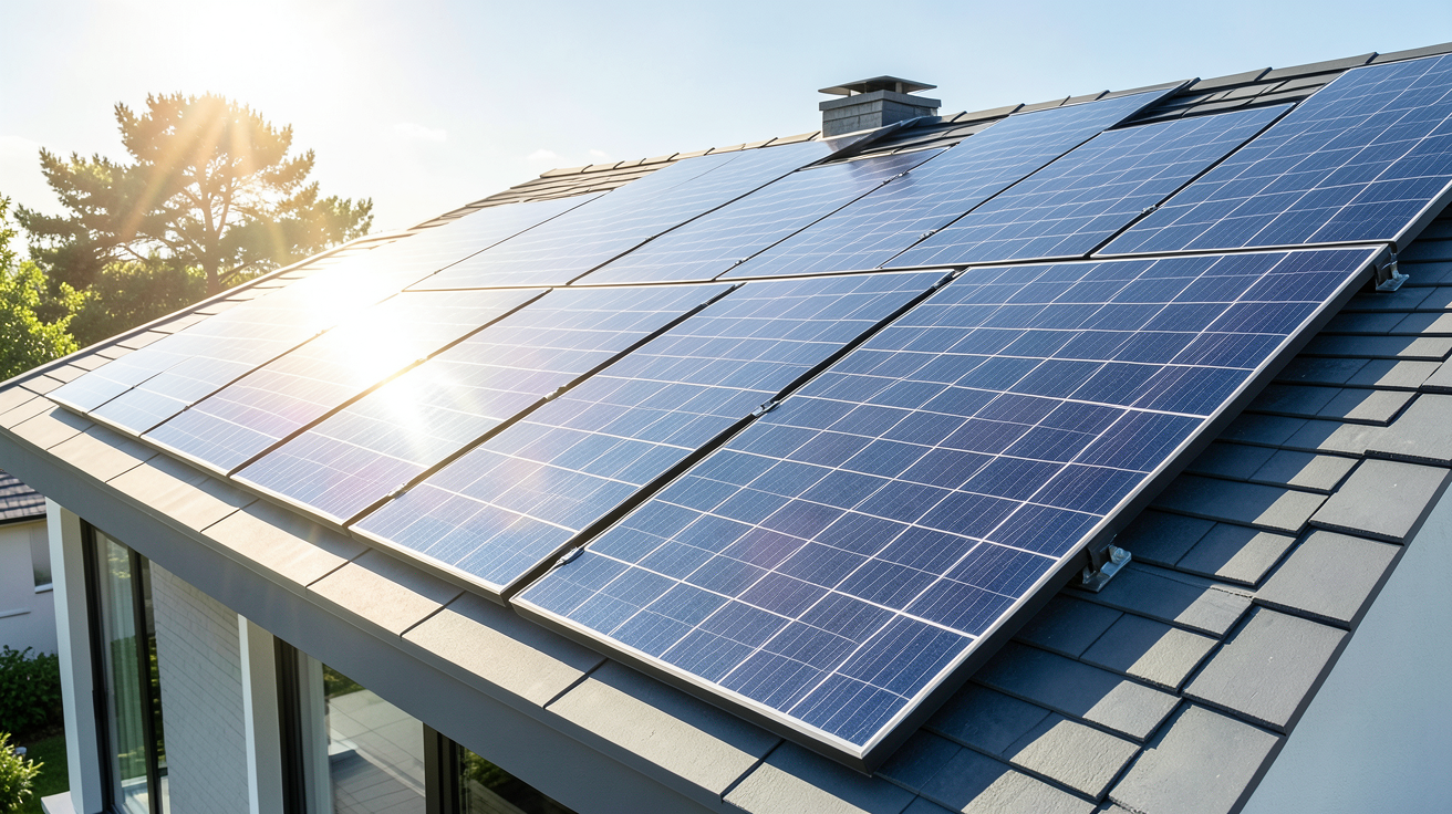 panneau solaire 1000w amazon installé sur le toit d'une résidence contemporaine sous un soleil radieux