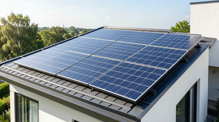 panneau solaire 1000w amazon installé sur le toit d'une maison moderne, sous une lumière naturelle