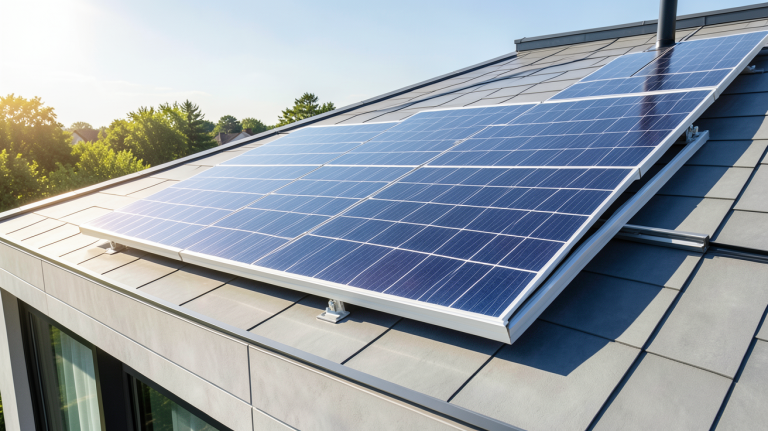 panneau solaire 1000w installé sur le toit d'une maison moderne sous un ciel bleu