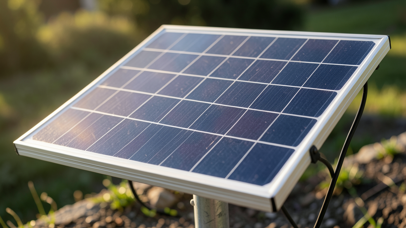 panneau solaire 100w 12v installé sur un support métallique avec détails des cellules photovoltaïques