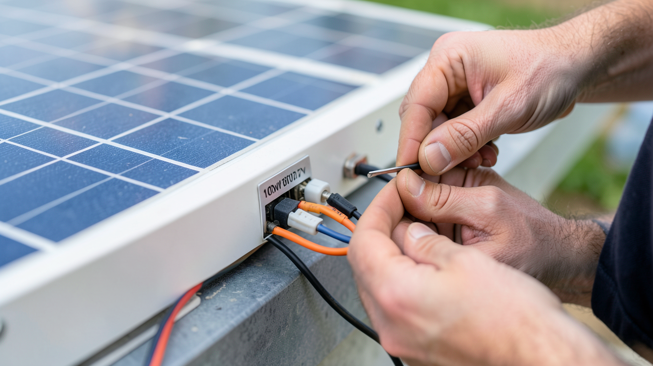 panneau solaire 100w 12v en cours d'installation et de raccordement électrique
