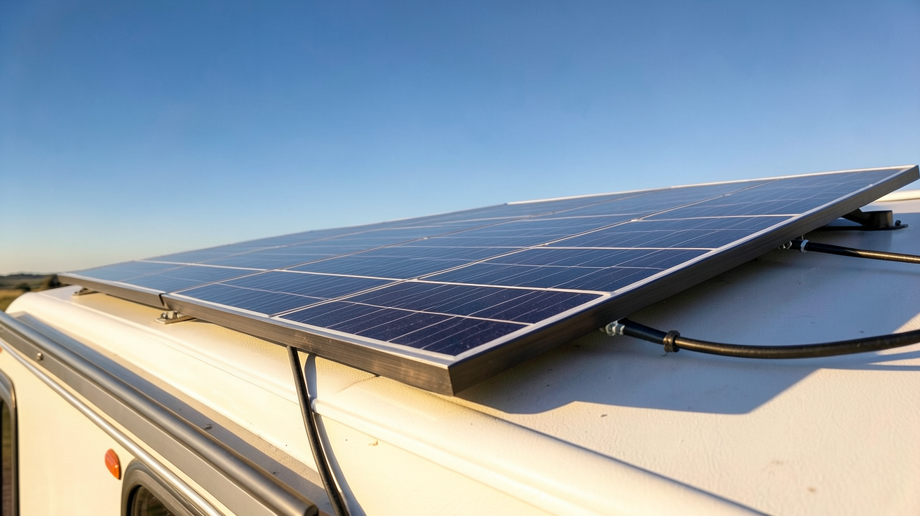 panneau solaire 100w installé sur le toit d'un camping-car avec calcul de production énergétique