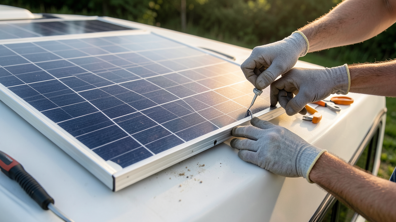 panneau solaire 100w installé sur le toit d'un camping-car avec des mains en train de le fixer
