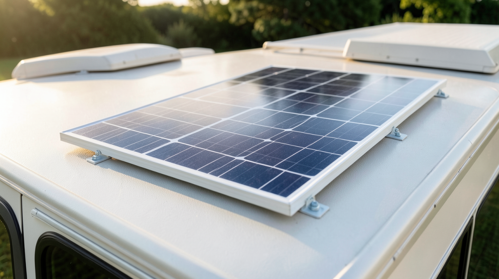 panneau solaire 100w installé sur le toit d'un camping-car avec vue sur les cellules photovoltaïques