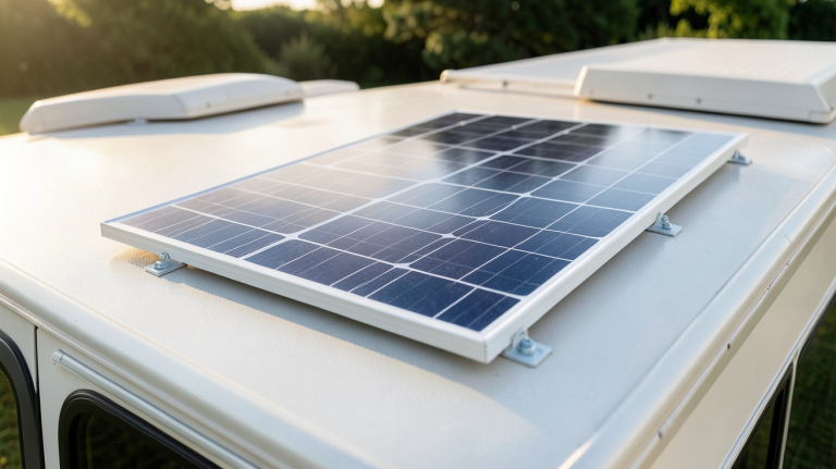panneau solaire 100w installé sur le toit d'un camping-car avec vue sur les cellules photovoltaïques