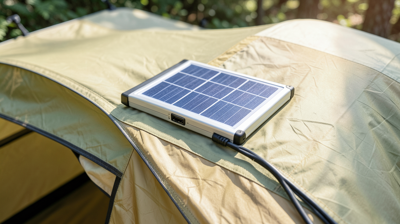 panneau solaire 10w fixé sur une tente de camping alimentant une lampe LED