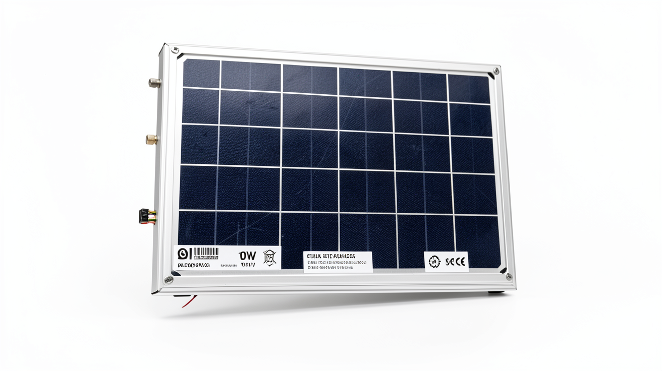 panneau solaire 10w montrant les caractéristiques techniques détaillées : cellules, cadre, connecteurs, étiquette