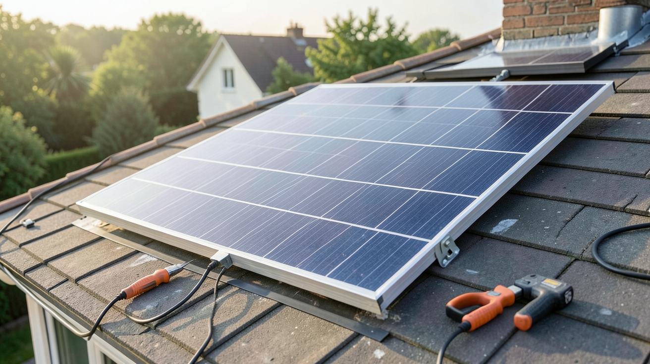 panneau solaire 10w fixé sur un toit lors de l'installation pas à pas