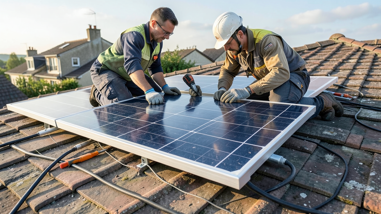 panneau solaire 110W en cours d'installation sur un toit résidentiel en France avec un professionnel