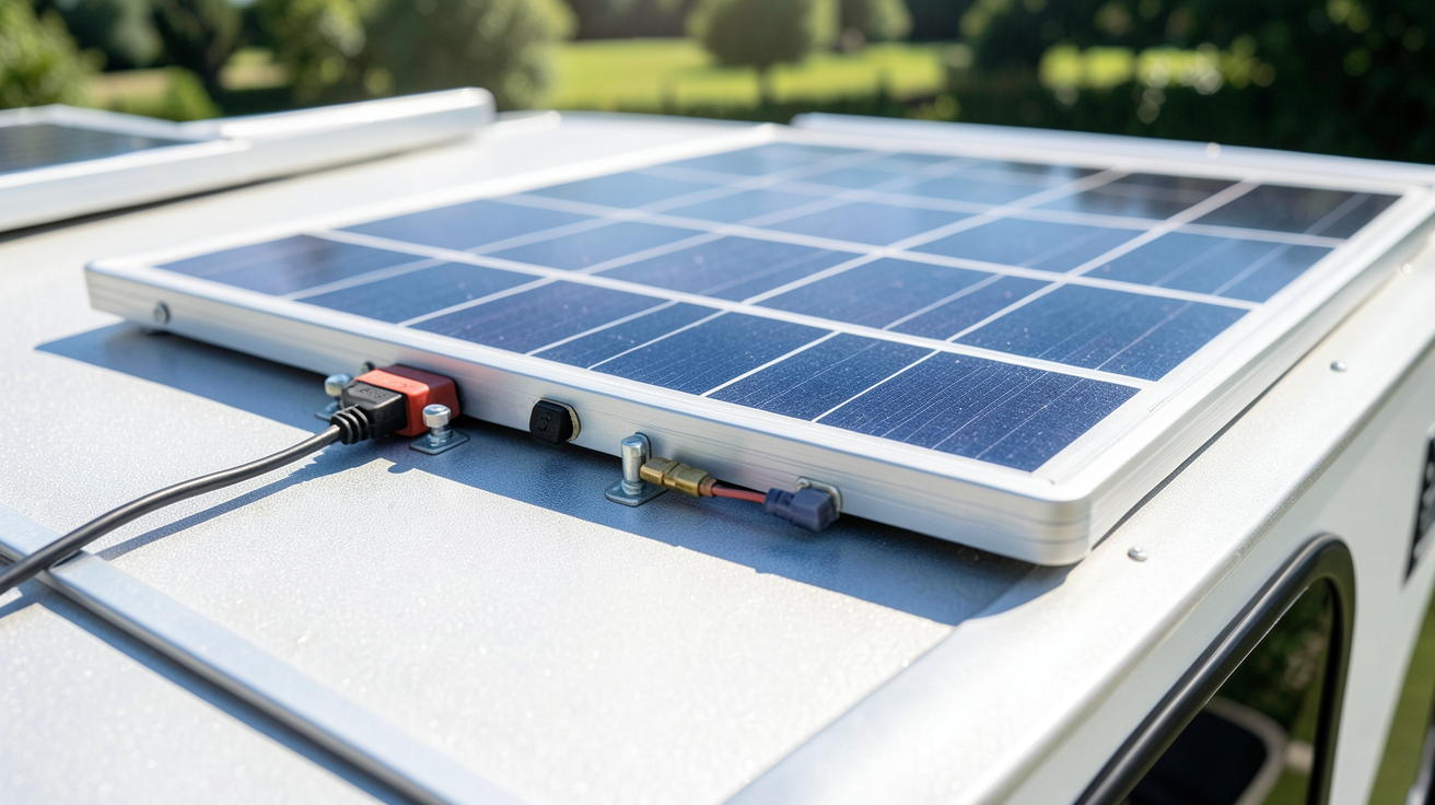 panneau solaire 12 volts 200 watts installé sur le toit d'un camping-car
