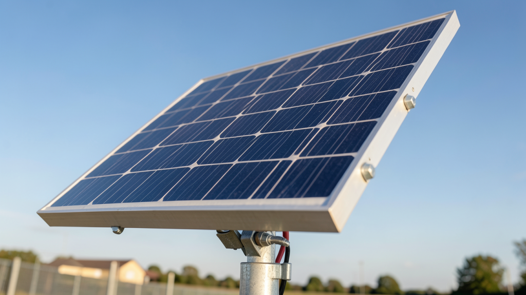 panneau solaire 12 volts 200 watts installé sur un support extérieur avec ciel dégagé