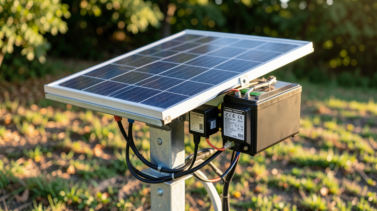 panneau solaire 12 volts avec batterie installé en extérieur sur un support métallique