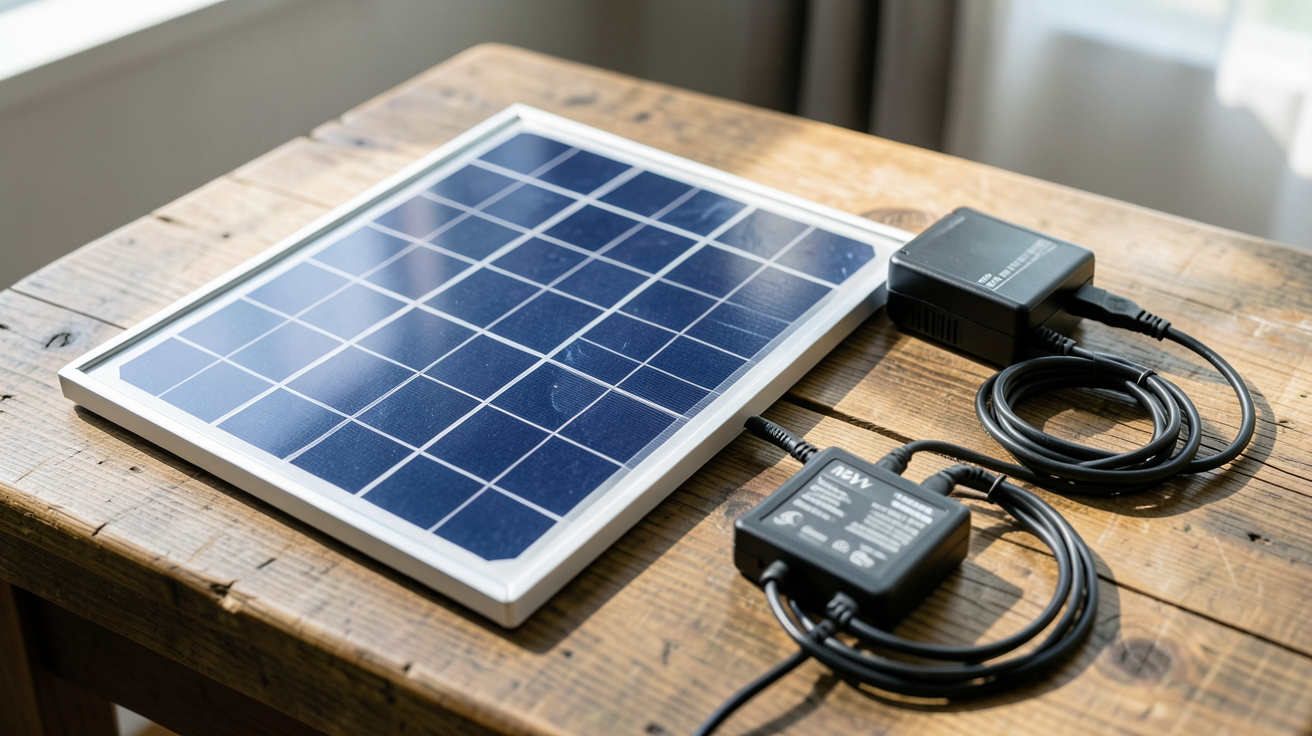 panneau solaire 12 volts avec batterie et régulateur de charge MPPT sur une table en bois