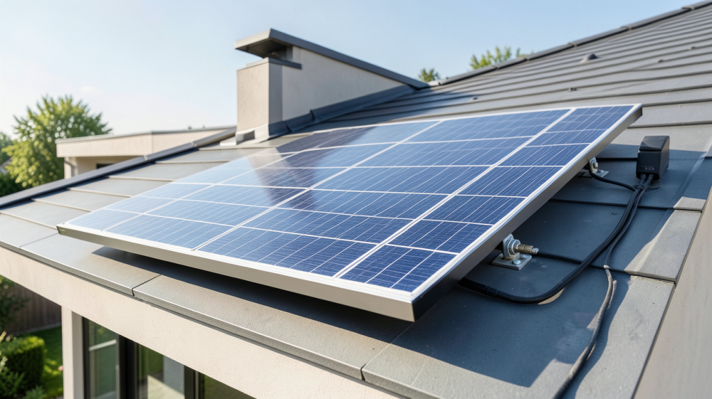 panneau solaire 12 volts avec batterie installé sur le toit d'une maison moderne, capturé en pleine lumière du jour