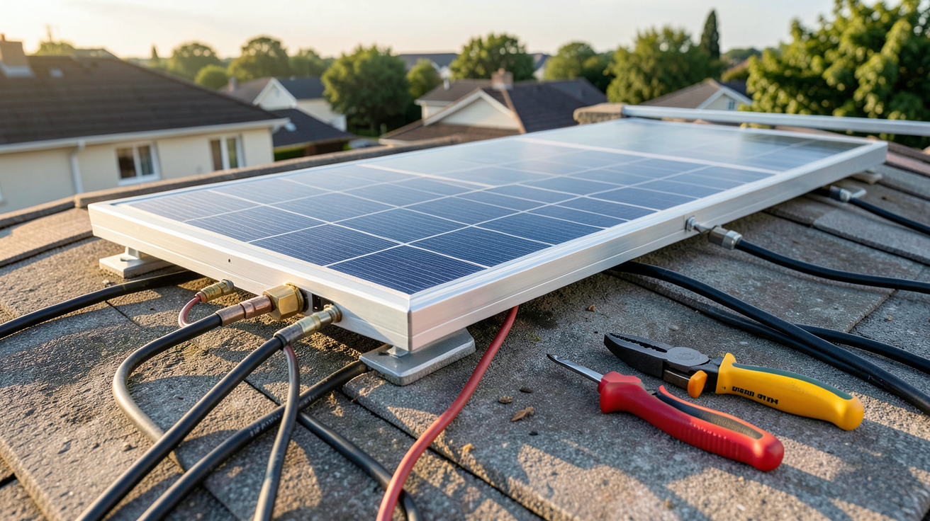 panneau solaire 12 volts en cours d'installation sur un toit résidentiel avec outils professionnels