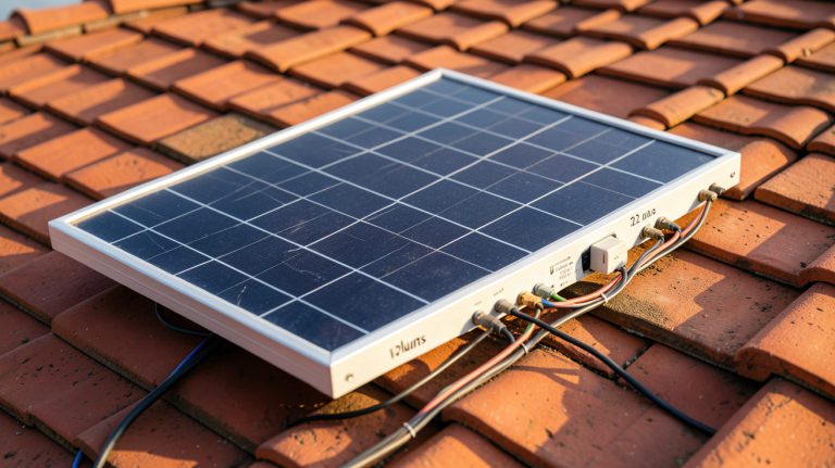 panneau solaire 12 volts installé sur un toit en tuiles rouges