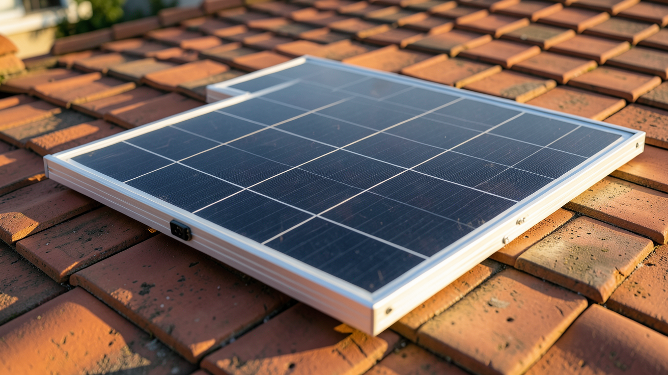 panneau solaire 120W monocristallin posé sur un toit en tuiles rouges sous un ciel dégagé