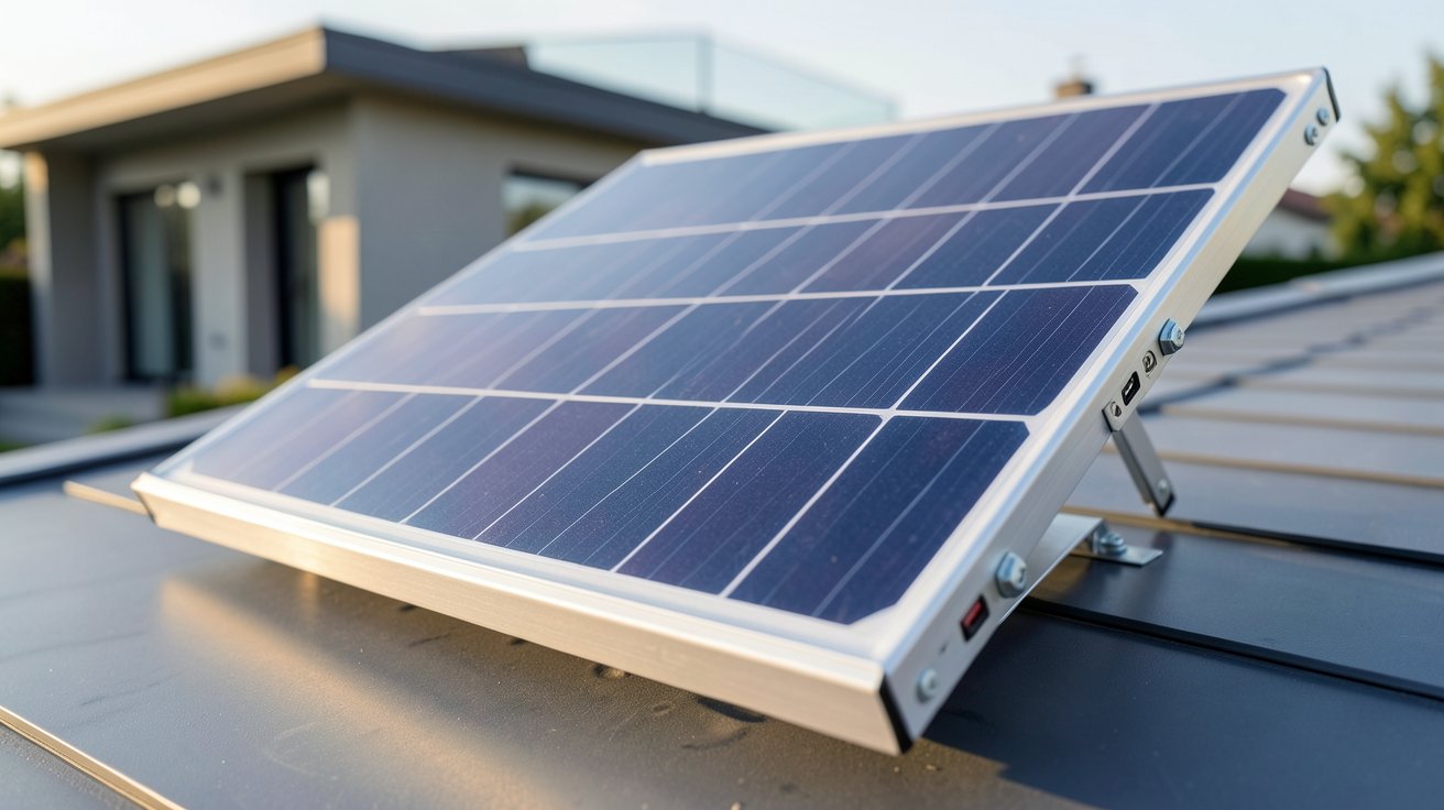panneau solaire 120W monocristallin avec connecteurs MC4 sur support incliné, lumière naturelle du matin