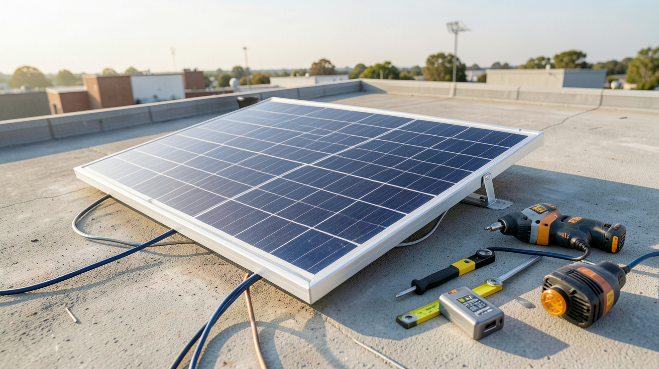 panneau solaire 120W en cours d'installation sur un toit avec outils professionnels