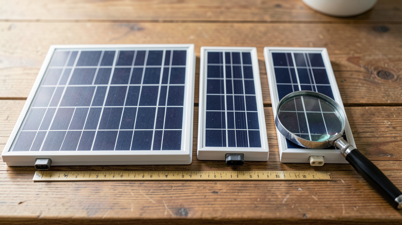 panneau solaire 12v 100w comparant différents modèles sur une table avec règle et loupe