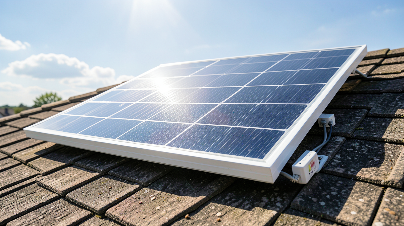 panneau solaire 12v 100w installé sur un toit résidentiel avec un compteur analogique indiquant la production d'énergie